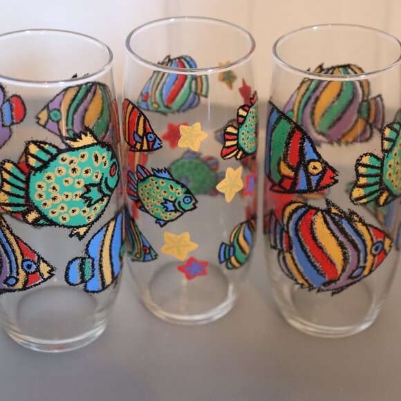 Vintage 80’s 90’s Libbey Tropical Fish Graphic Drinking Glasses Set of 3 - Picture 1 of 16